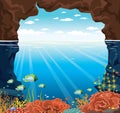 Underwater sea, cave, fish, sky, cloud.