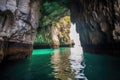 sea cave entrance surrounded by turquoise waters Royalty Free Stock Photo