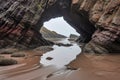 sea cave framed by rock arch at low tide Royalty Free Stock Photo