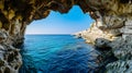 Sea Caves in Agia Napa, Cyprus, with a clear blue sky as the background, during a sunny afternoon.