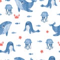 Sea childish pattern with cute marine animals - whale, seal, jellyfish and crab Royalty Free Stock Photo