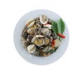 sea clams or RIDGED VENUS of Stir sauce in white dish isola Royalty Free Stock Photo