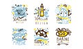 Sea Club Label Original Design with Yacht, Sea Fish and Lighthouse Vector Set Royalty Free Stock Photo