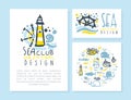 Sea Club Original Design Card Templates Set, Poster, Flyer, Invitation with Marine and Nautical Seamless Pattern and