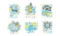 Sea Club Original Logo Design Templates Collection, Marine and Nautical Hand Drawn Labels Vector Illustration