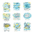 Sea club set for label design. Yacht club, sailing sports or marine travel hand drawn colorful vector Illustrations Royalty Free Stock Photo