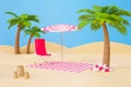 Sea coast, nice sunny day, deck chairs and beach umbrellas on the sandy shore
