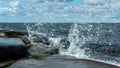 Sea coast, rocks, wave splash, spray. Beautiful sea landscape