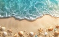 Sea coast with sand, ocean wave, shells and star fish on tropical island. beach with sandy seaside, blue transparent water surface Royalty Free Stock Photo