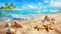 Sea coast with sand, ocean wave, shells and star fish on tropical island. beach with sandy seaside, blue transparent water surface Royalty Free Stock Photo