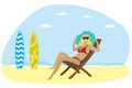 Sea coast scene,female in swimsuit,woman lies in lounge chair