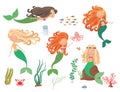 Sea collection. Mermaids and sea animals on a white background