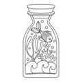 Coloring book page for children. A glass bottle with fish, waves and corals