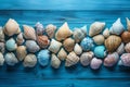 Sea coral shells blue wooden. Generate Ai