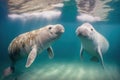 Sea ??cows swim in the water. Baby sea cow and mother. Trichechus manatus. Antillean manatee family. Royalty Free Stock Photo