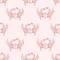 Sea crab vector seamless pattern. Underwater animal, hand drawn marine crayfish on pastel background. Restaurant seafood