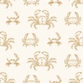 Sea crabs vector seamless pattern. Underwater animals species, marine crustaceans on pastel background. Delicacy seafood