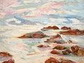 Sea crashing wave white foam rocks oil painting texture closeup.