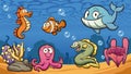 Happy Cartoon sea creatures with background Royalty Free Stock Photo