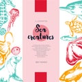 Sea Creatures - color drawn vintage banner template.