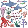 Sea creatures. Color vector illustration collection. Ocean dwellers. Undersea world. Shark, reef, jellyfish. Cartoon style. Royalty Free Stock Photo