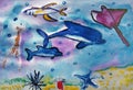 Sea creatures painted by child Royalty Free Stock Photo