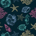 Sea Creatures hand drawn seamless pattern. Ocean animals and seashells sketch surface texture. Royalty Free Stock Photo