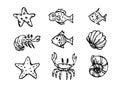 Sea creatures line art, fish, shell crabs, star-fish illustrations