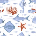 Sea Creatures Seamless Pattern, Underwater Life, Marine Fishes Design Element Can Be Used for Wallpaper, Packaging