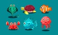 Sea creatures set, cute funny animals and fishes characters, octopus, flounder, jellyfish, clown fish, turtle and medusa