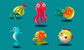 Sea creatures set, cute funny animals and fishes characters, seahorse, snail, cuttlefish, puffer fish, hermit crab