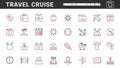 Sea cruise, summer attractions, vacation and travel thin red and black line icons set