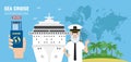 Sea cruise travel flat design banner with a cruise ship and captain Royalty Free Stock Photo