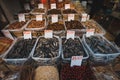 Sea cucumber and ohter dried food for sale on market Royalty Free Stock Photo