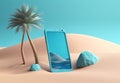 cyber concept mock sea phone palm creative summer up holiday sand. Generative AI.