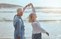 Sea, dancing and senior couple on vacation with summer love, bonding and travel dun. Dance, outdoor and elderly people Royalty Free Stock Photo