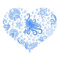 Sea decoration in the shape of a heart. Undersea world: octopus, shell, seaweed, bubble and starfish. Drawn by a line.