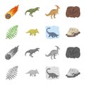 Sea dinosaur,triceratops, prehistoric plant, human skull. Dinosaur and prehistoric period set collection icons in Royalty Free Stock Photo