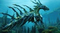Sea dragon with glowing eyes. Head of Fantasy Monster in blue water. Creature in the ocean. Fairy tale beast. AI