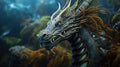 Sea dragon with glowing eyes. Head of Fantasy Monster in blue water. Creature in the ocean. Fairy tale beast. AI