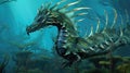 Sea dragon with glowing eyes. Head of Fantasy Monster in blue water. Creature in the ocean. Fairy tale beast. AI Royalty Free Stock Photo