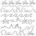 Sea drawn set of elements in doodle style waves, sailboats, whale, starfish