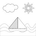 Sail boat outline graphic illustration. Ship and yacht. Water, sun and cloud. Isolated on white background. Sea and ocean. Maritim Royalty Free Stock Photo