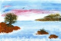 Sea evening landscape. Hand drawing acrylic. Royalty Free Stock Photo