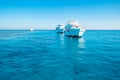 Sea excursion on white yachts. Ships are standing in a blue transparent sea. A place for diving. Concept of boat trips and tourism Royalty Free Stock Photo