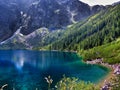 Sea Eye lake and mountain shelter in High Tatras in Poland.