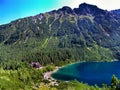 Sea Eye lake and mountain shelter in High Tatras in Poland.