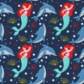 Sea fairy vector pattern with a mermaid and dolphins