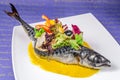 Sea fish, dressed with vegetables and olives