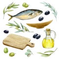 Sea fish, herbs, olives set. Watercolor illustration. Mediterranean tasty fresh food collection. Realistic food element Royalty Free Stock Photo